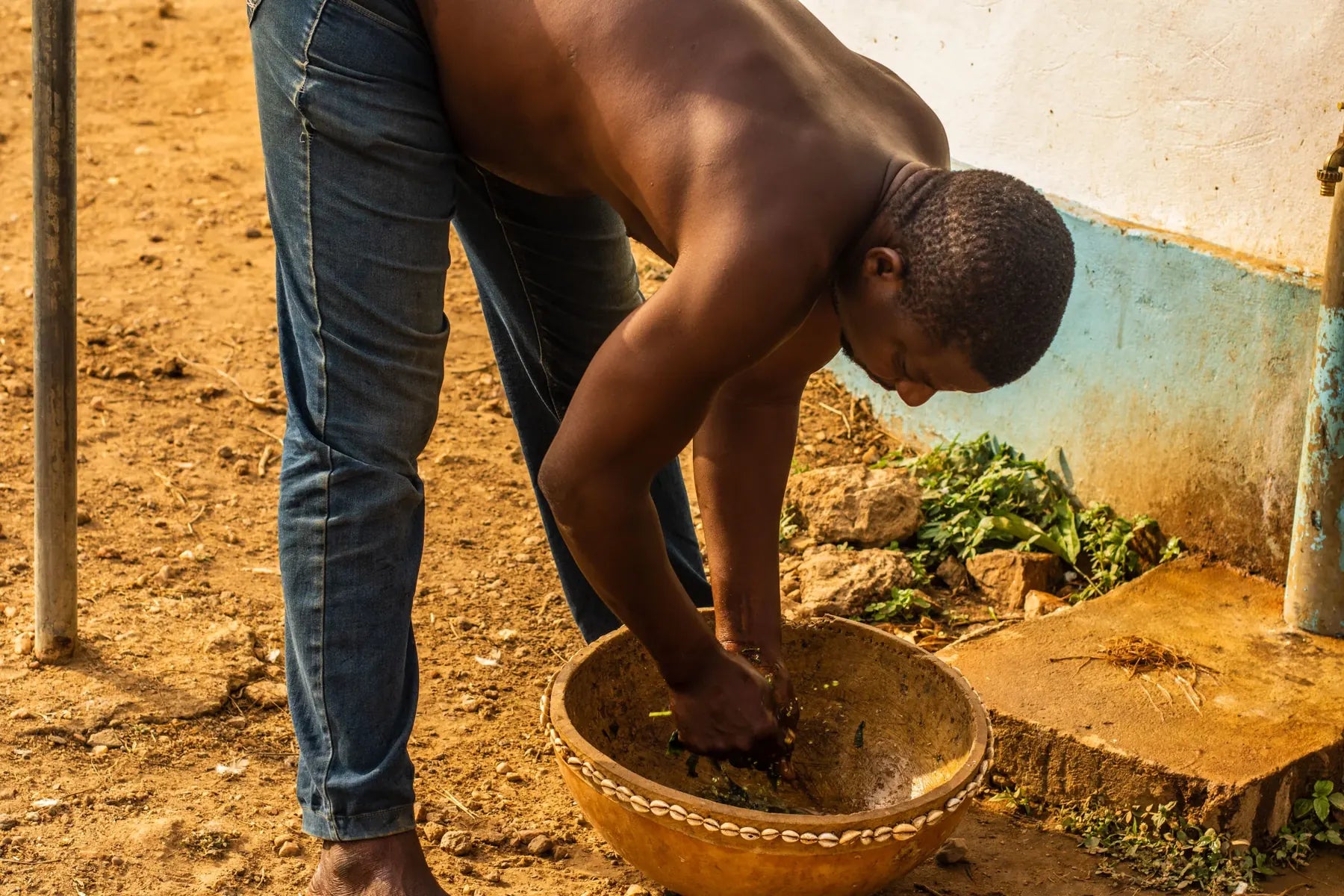 An Indigenous African healer preparing plants by hand